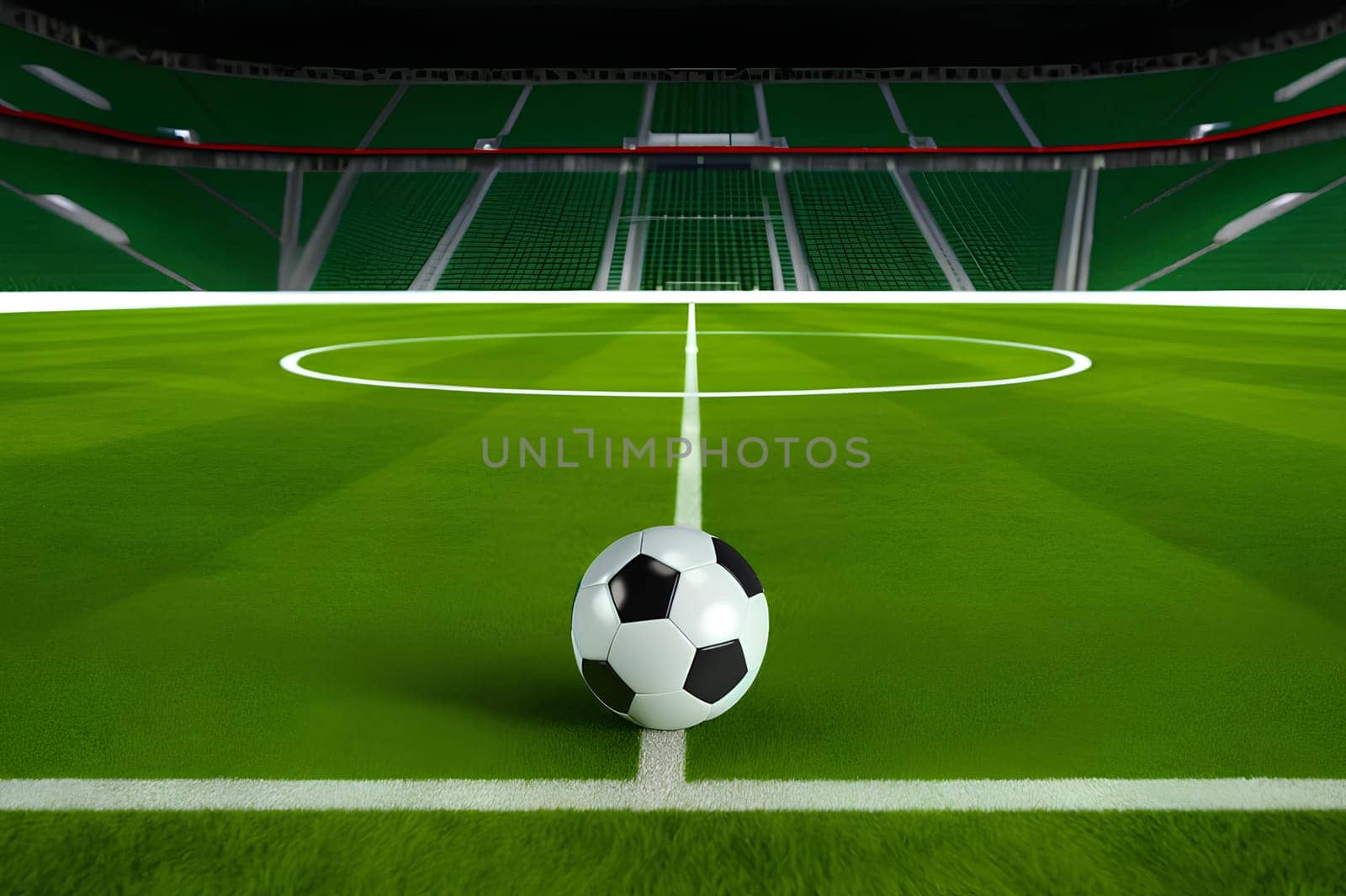 an empty football field with a single soccer ball placed at the center.