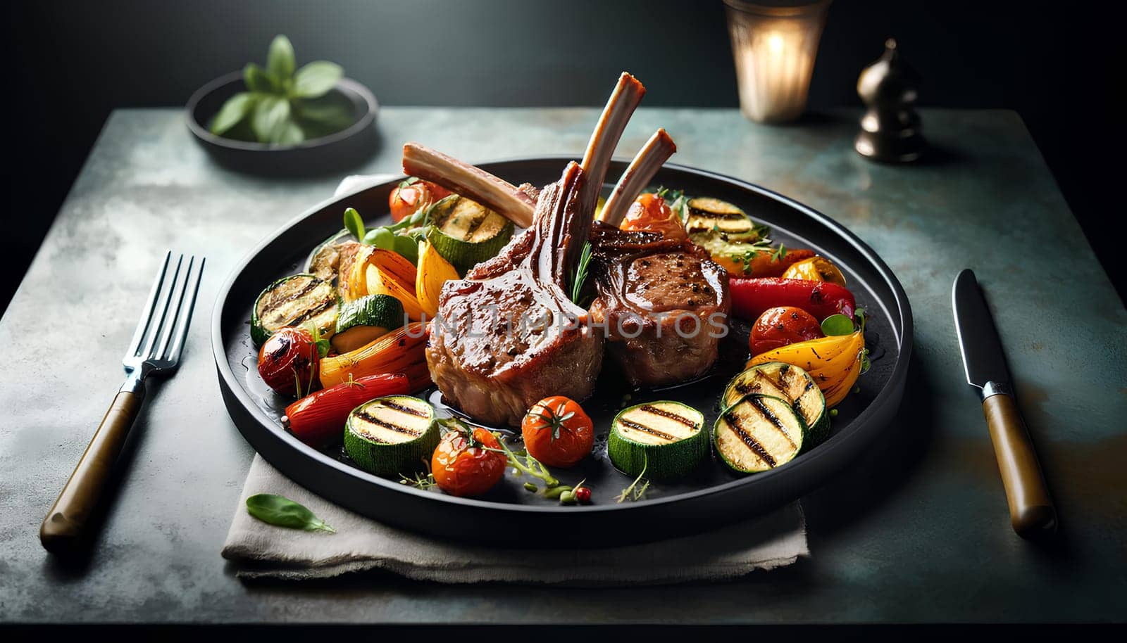 succulent lamb chops on a bone with a colorful grilled vegetables on a sophisticated dining plate.