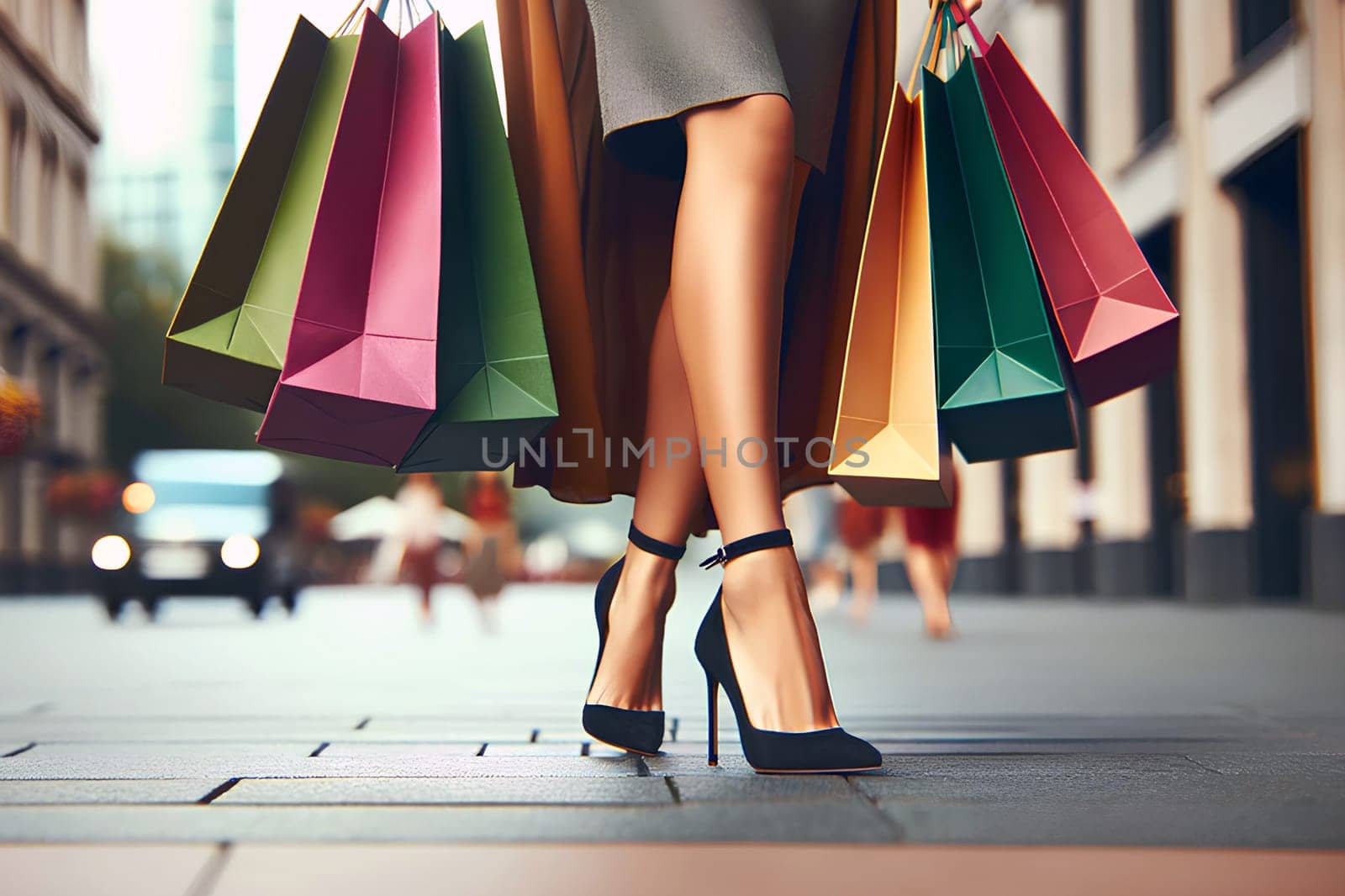 close-up of the lower half of a woman walking in high heels down the street with colorful shopping bags.