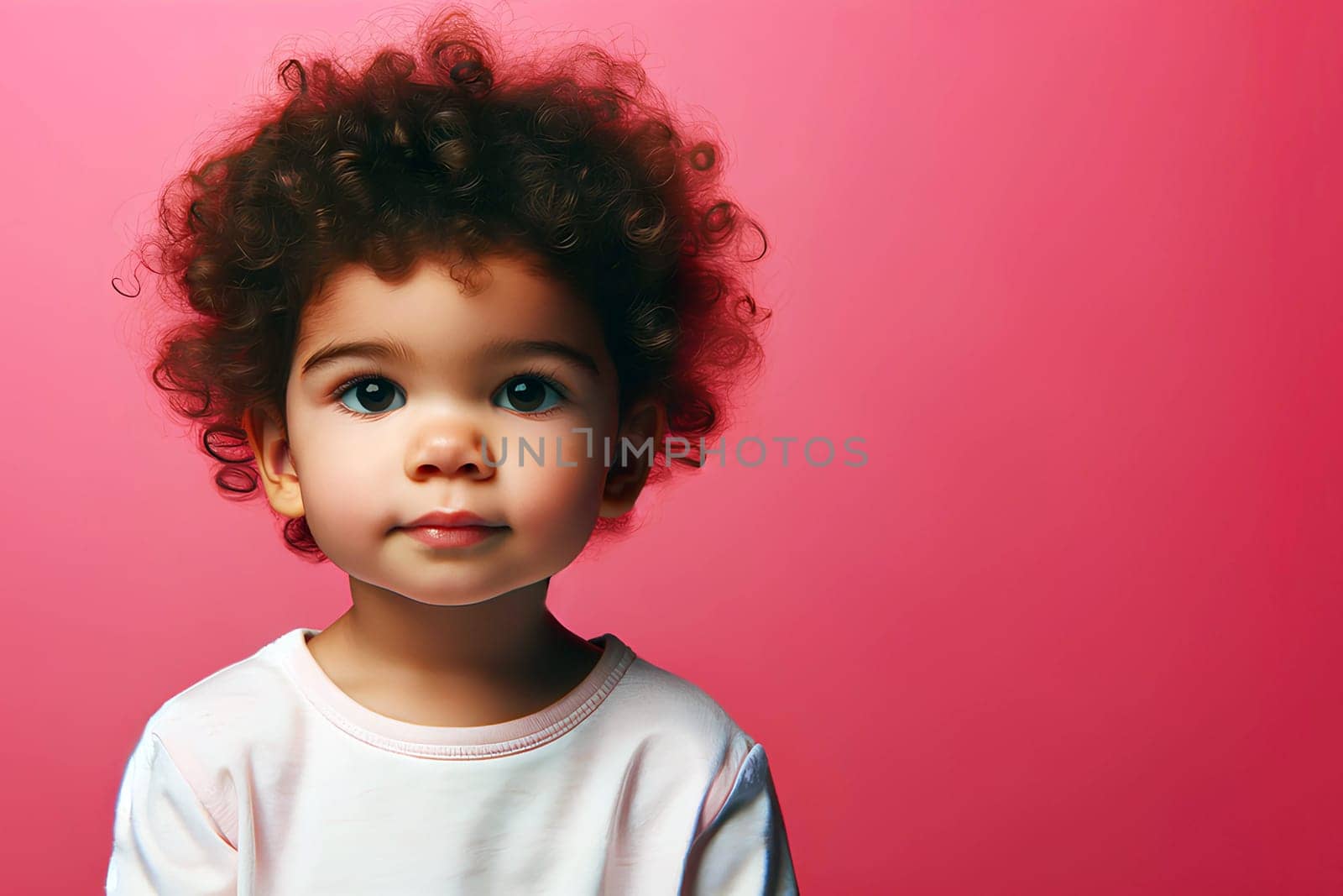 thoughtful curly little boy on pink background, copy space.