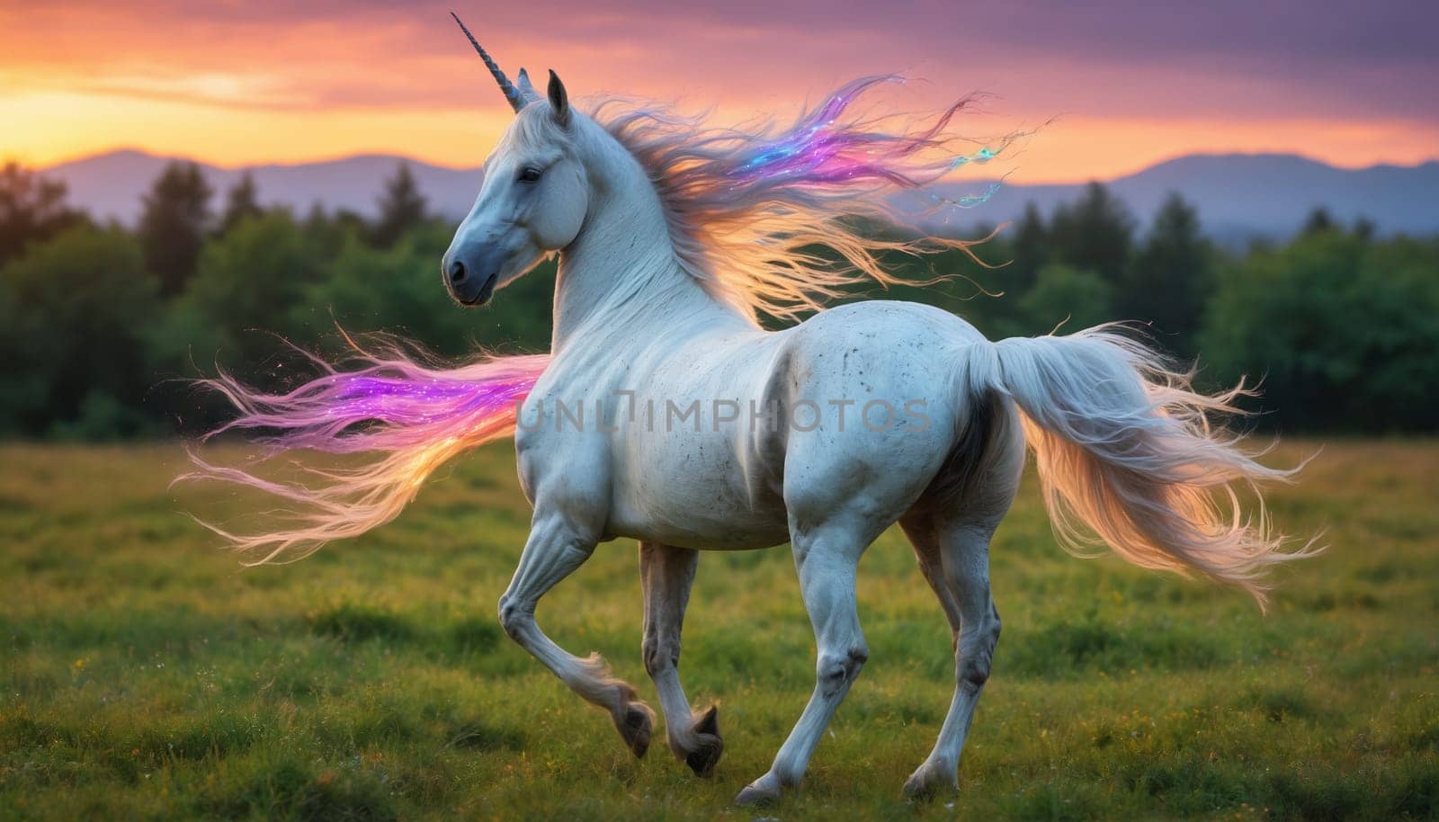 A white unicorn with a long, flowing mane and tail runs through a grassy field. The unicorns mane and tail are glowing with iridescent colors, and the setting sun casts a warm glow on the scene.