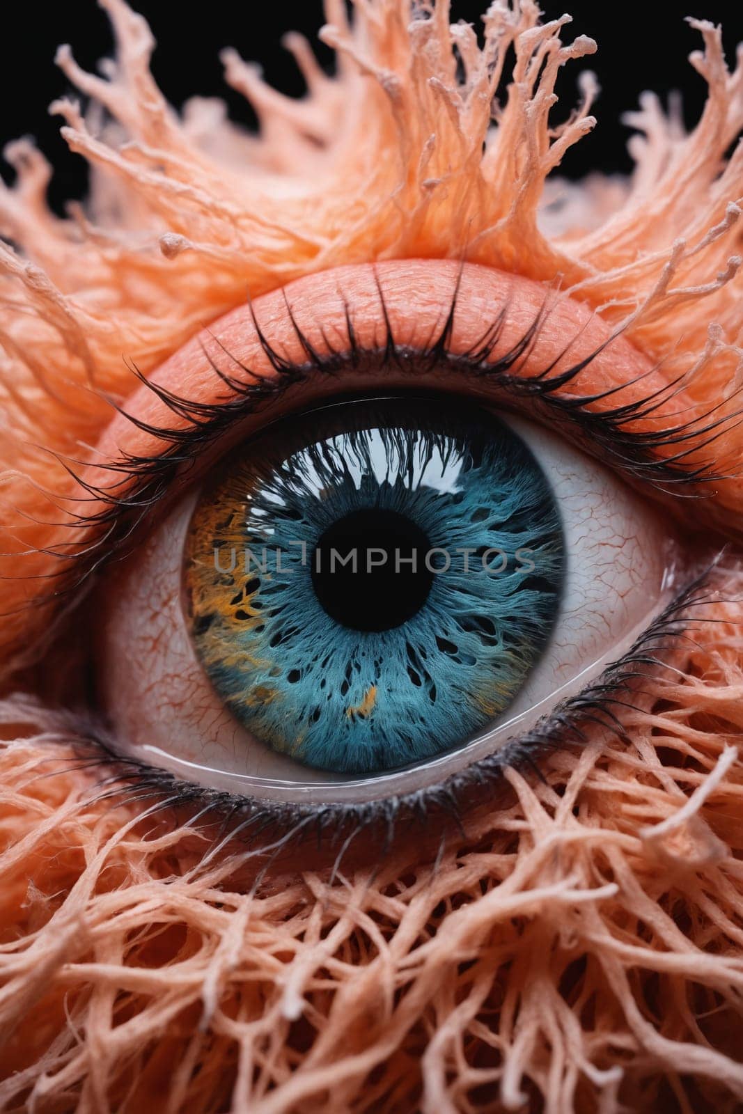 A close-up photograph of a single blue eye, with a vibrant coral-colored patch of what appears to be spiny growth covering the surrounding skin. The focus is on the eye, emphasizing its intricate detail and the contrast with the rough texture of the growth.