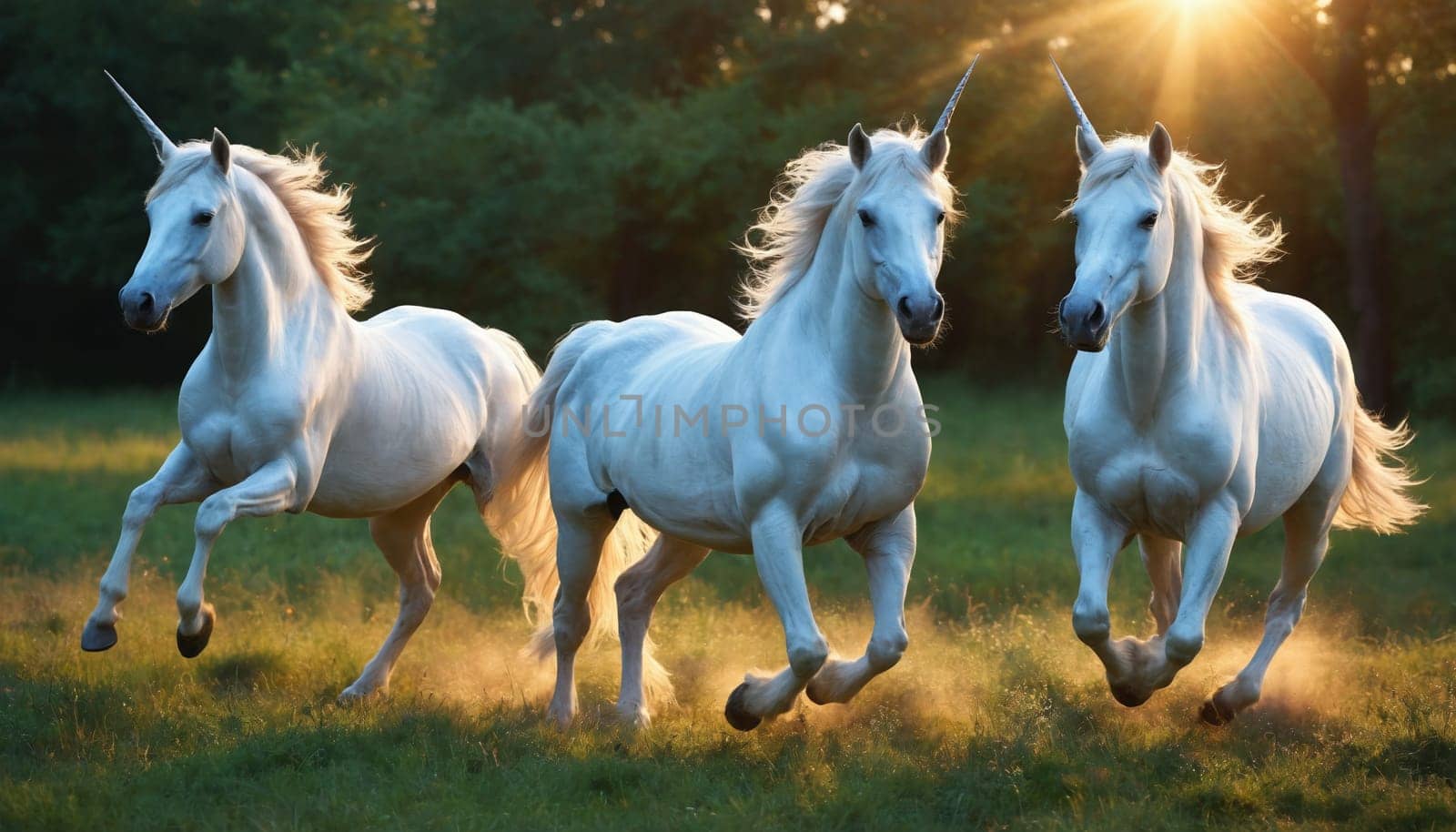 Three white unicorns with spiraled horns are running through a lush green meadow with their manes flowing in the wind. The sun shines brightly in the background, casting a golden glow over the scene.