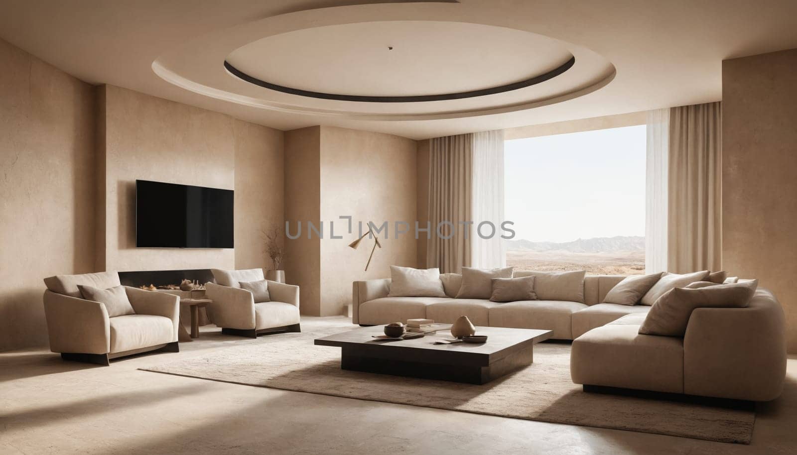 A modern living room features a large, white sectional sofa positioned in front of a floor-to-ceiling window offering a stunning view of a desert landscape with mountains in the distance. The room is decorated in a minimalist style, with neutral tones and a focus on natural light.