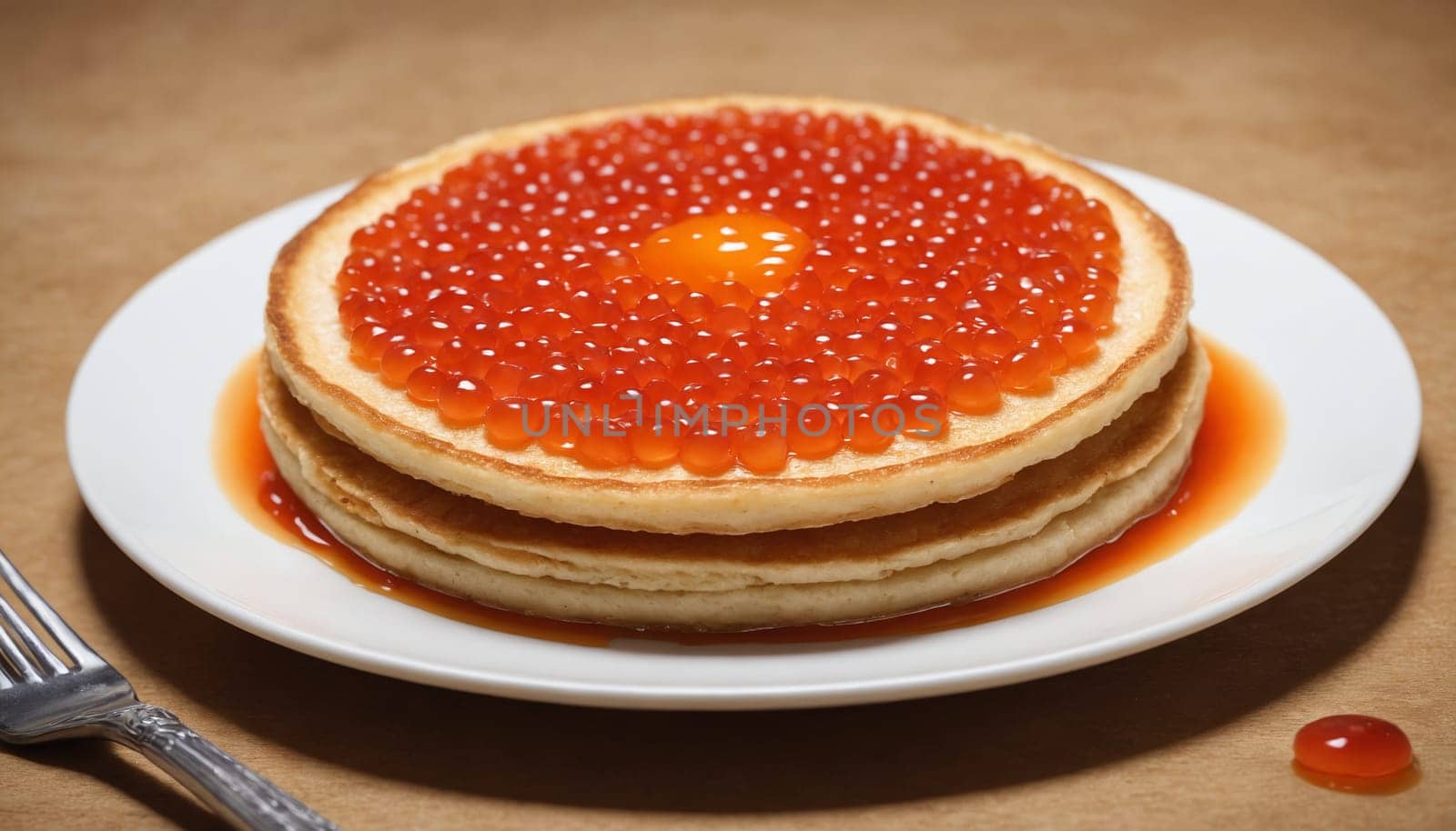 A close-up image of a stack of golden pancakes topped with red caviar and drizzled with syrup. The pancakes are arranged on a white plate and sit on a pink surface.