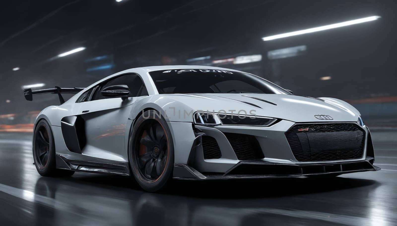 A sleek, orange sports car with black accents navigates a winding asphalt road, bathed in the soft glow of a twilight sunset. The cars headlights illuminate the road ahead, while the mountains in the distance provide a dramatic backdrop.