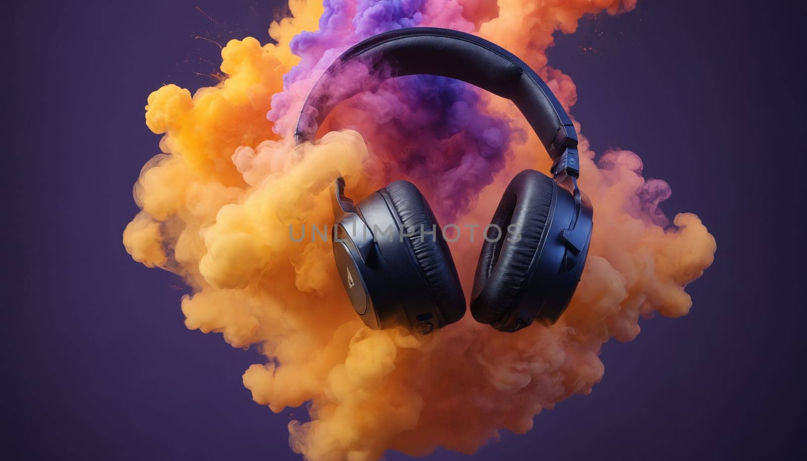 A pair of black headphones is floating in the air surrounded by a swirling cloud of orange and purple smoke. The headphones are positioned with the earcups facing the viewer, as if they are being held up by the smoke itself. The background is a solid purple color, contrasting with the vibrant colors of the smoke.