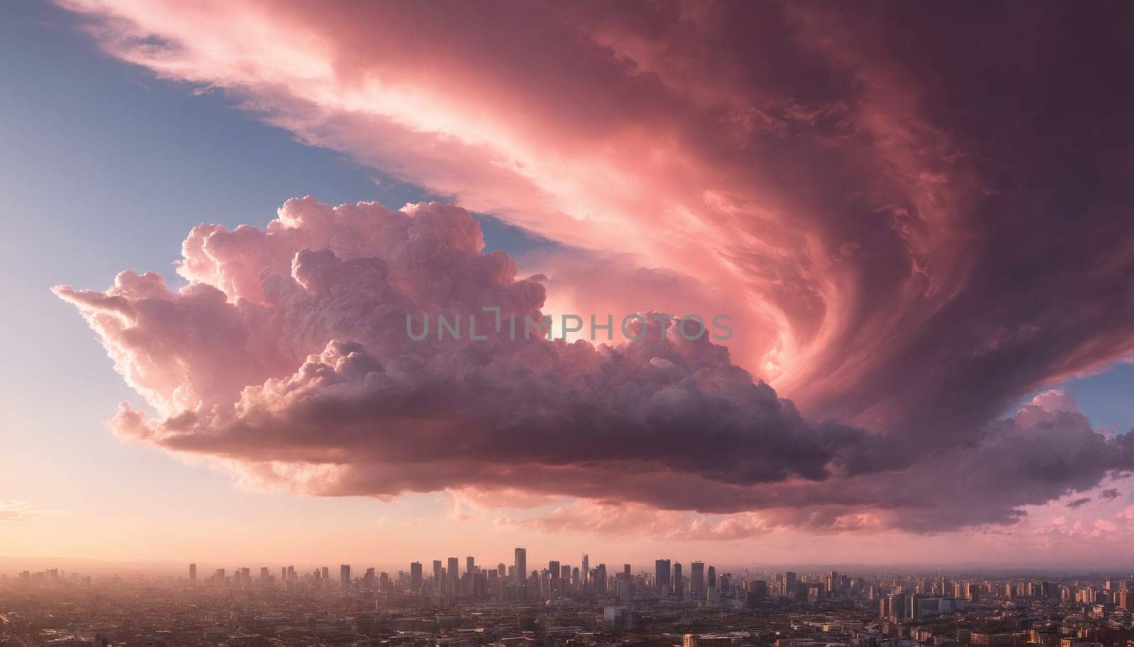 A panoramic view of a city skyline at sunrise, with a large expanse of pink fluffy clouds dominating the sky. The sun is rising behind the clouds, casting a warm glow over the cityscape. The cityscape appears hazy and distant, creating a sense of mystery and intrigue.