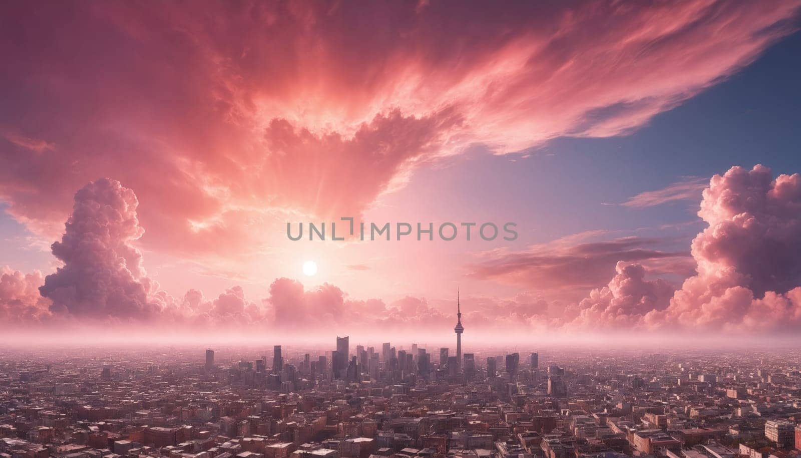 A breathtaking aerial view of a cityscape bathed in the warm glow of a setting sun. The sky is a vibrant canvas of pink and orange, with fluffy clouds that appear to be floating over the buildings. The citys skyline stretches out below, with skyscrapers and homes nestled together amidst a sea of trees and greenery.
