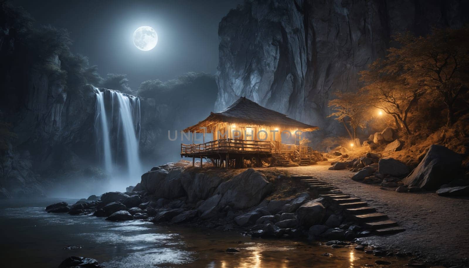 A small cabin with warm lights glows beneath a full moon, nestled amidst large rocks by a flowing waterfall. The scene evokes a sense of tranquility and peace, perfect for a secluded retreat amidst natures beauty.