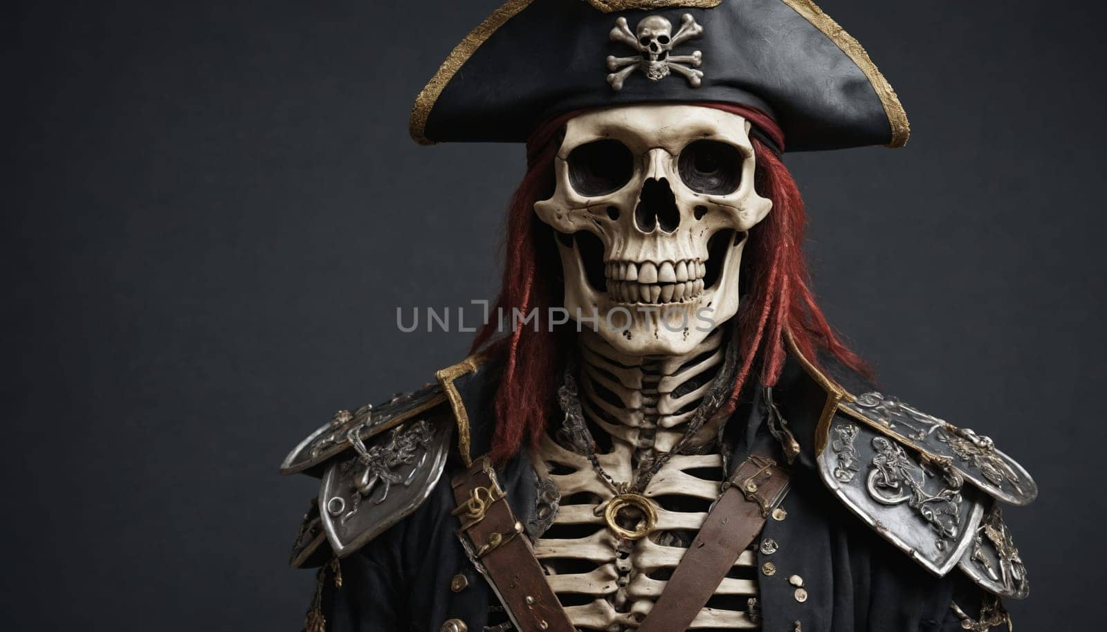 A skeletal pirate, clad in a black coat, holds a sword in a skeletal hand. He wears a tricorn hat, a red bandana, and has long, red dreadlocks. The image captures a sense of danger and determination, set against a dark and shadowy background.