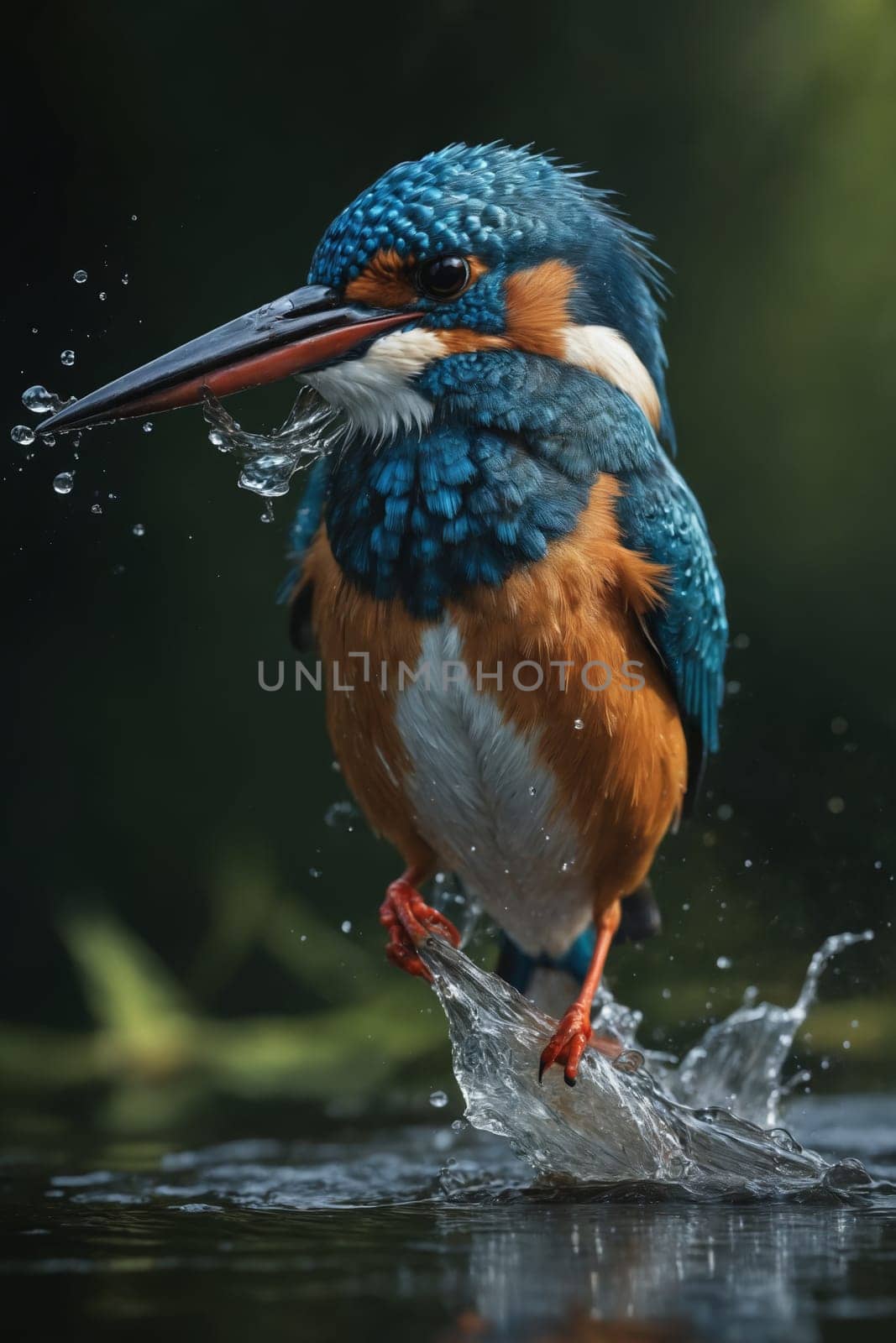 A vibrant kingfisher, with its blue and orange plumage, perches on a spray of water after a successful dive, showcasing its hunting prowess. The moment is captured in crisp detail, emphasizing the birds vibrant colors and the delicate beauty of the water droplets.