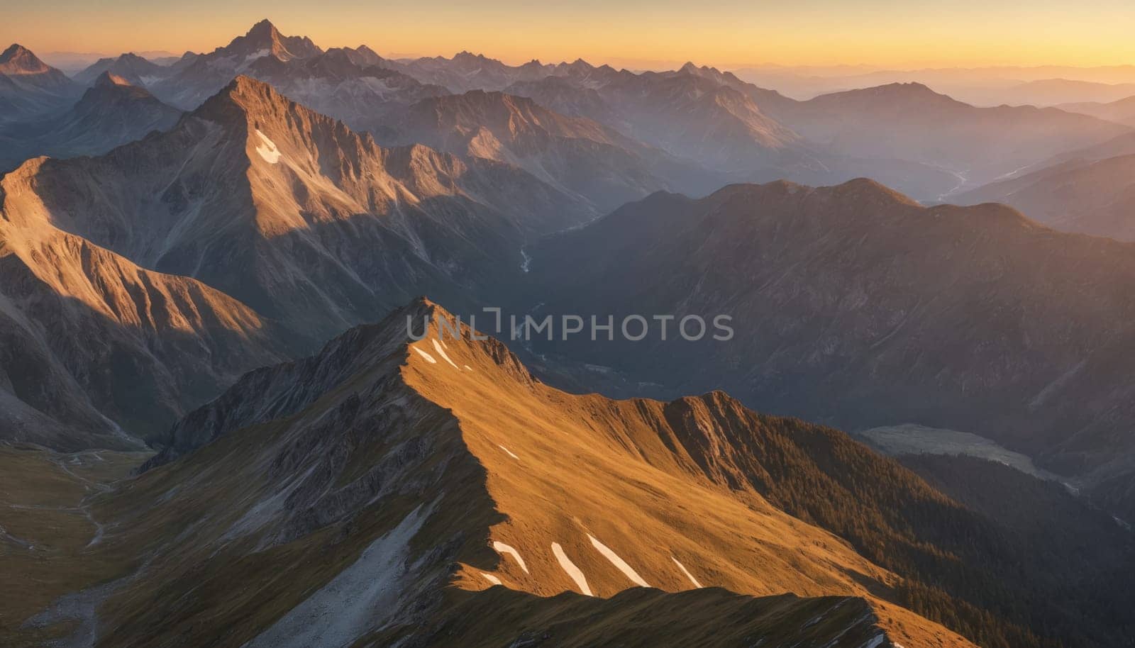 A stunning aerial photograph captures a majestic mountain range bathed in the warm, golden glow of sunset. The peaks and valleys are illuminated by the fading light, casting long shadows across the rugged landscape. The distant mountains are shrouded in a soft haze, adding to the ethereal beauty of the scene.