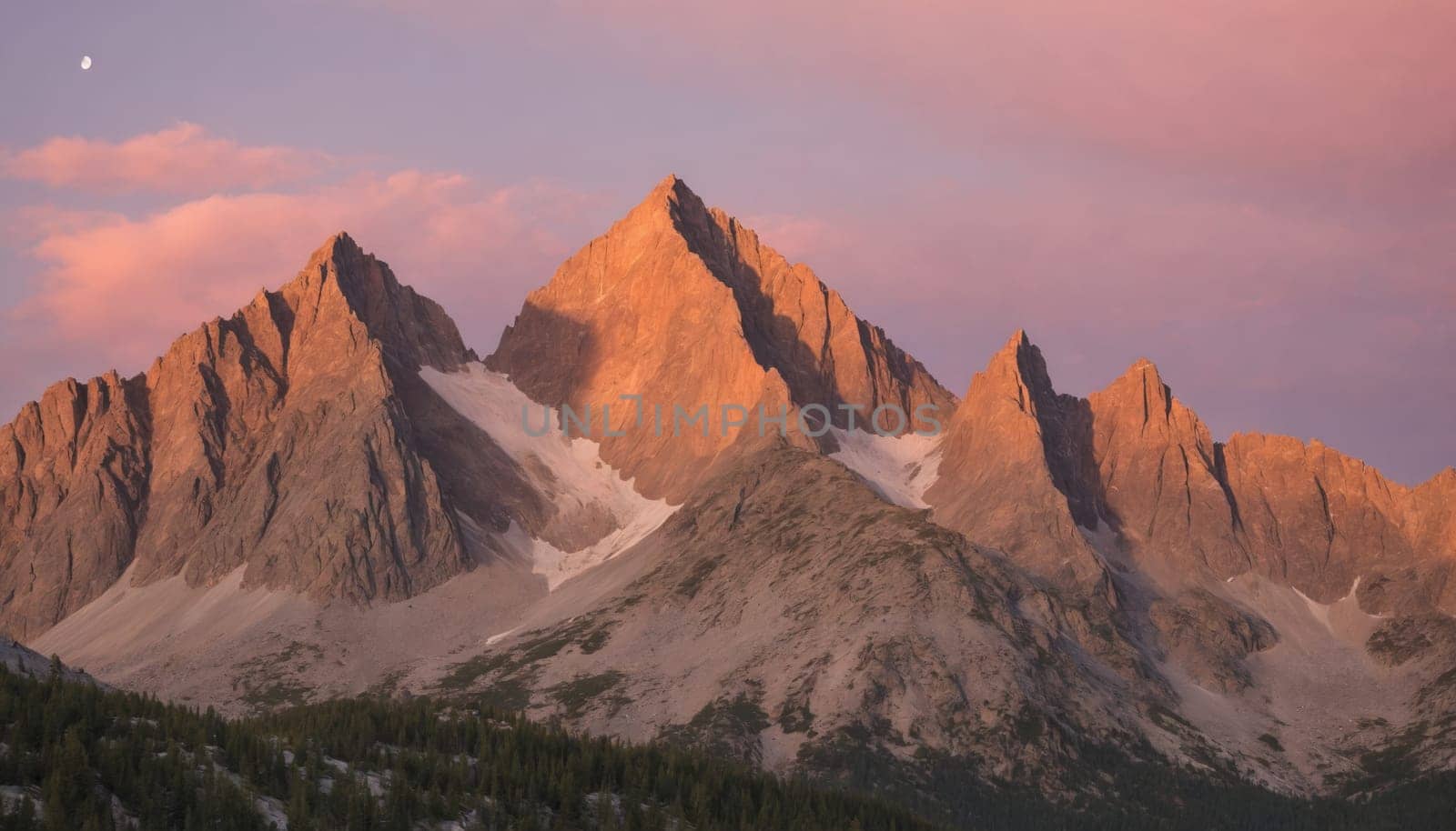 A breathtaking sunrise over a majestic mountain peak. The sky is awash with soft pastel colors, reflecting off the snow-capped summit and rocky terrain. The image evokes a sense of awe and wonder, showcasing the beauty and power of nature.