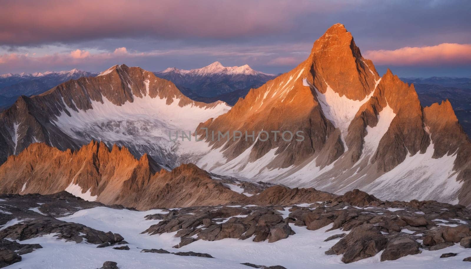 A stunning sunrise paints the sky in shades of pink and orange, casting a warm glow on a snow-covered mountain landscape. The towering peaks of the Wind River Range, including a prominent spire, stand out against the vibrant sky, creating a breathtaking scene of natural beauty.