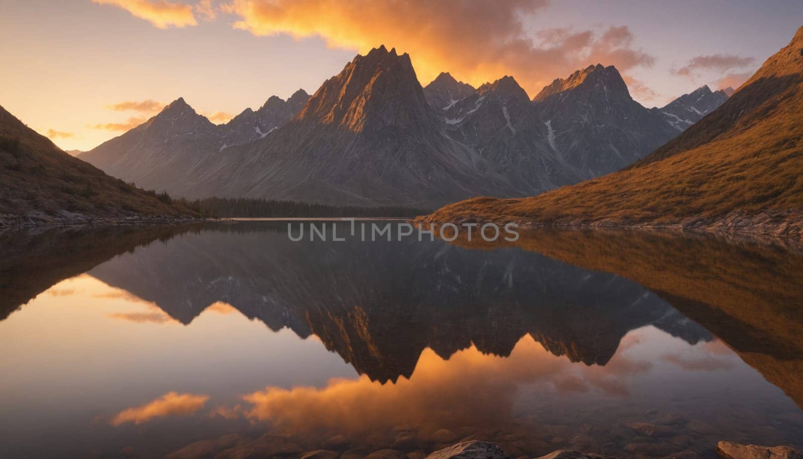 A serene mountain lake reflects the vibrant colors of a golden hour sunset. The peaks of the mountains are mirrored perfectly in the calm water, creating a breathtaking and symmetrical scene. The warm light bathes the landscape in a soft glow, highlighting the beauty of nature.