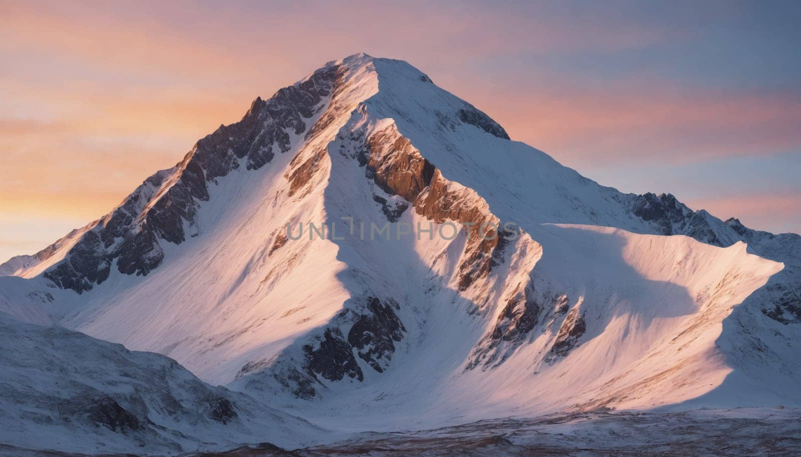 A breathtaking panoramic view of a snow-capped mountain peak bathed in the warm glow of sunrise. The rugged slopes of the Caucasus Mountains are visible in the distance, creating a dramatic and awe-inspiring landscape.