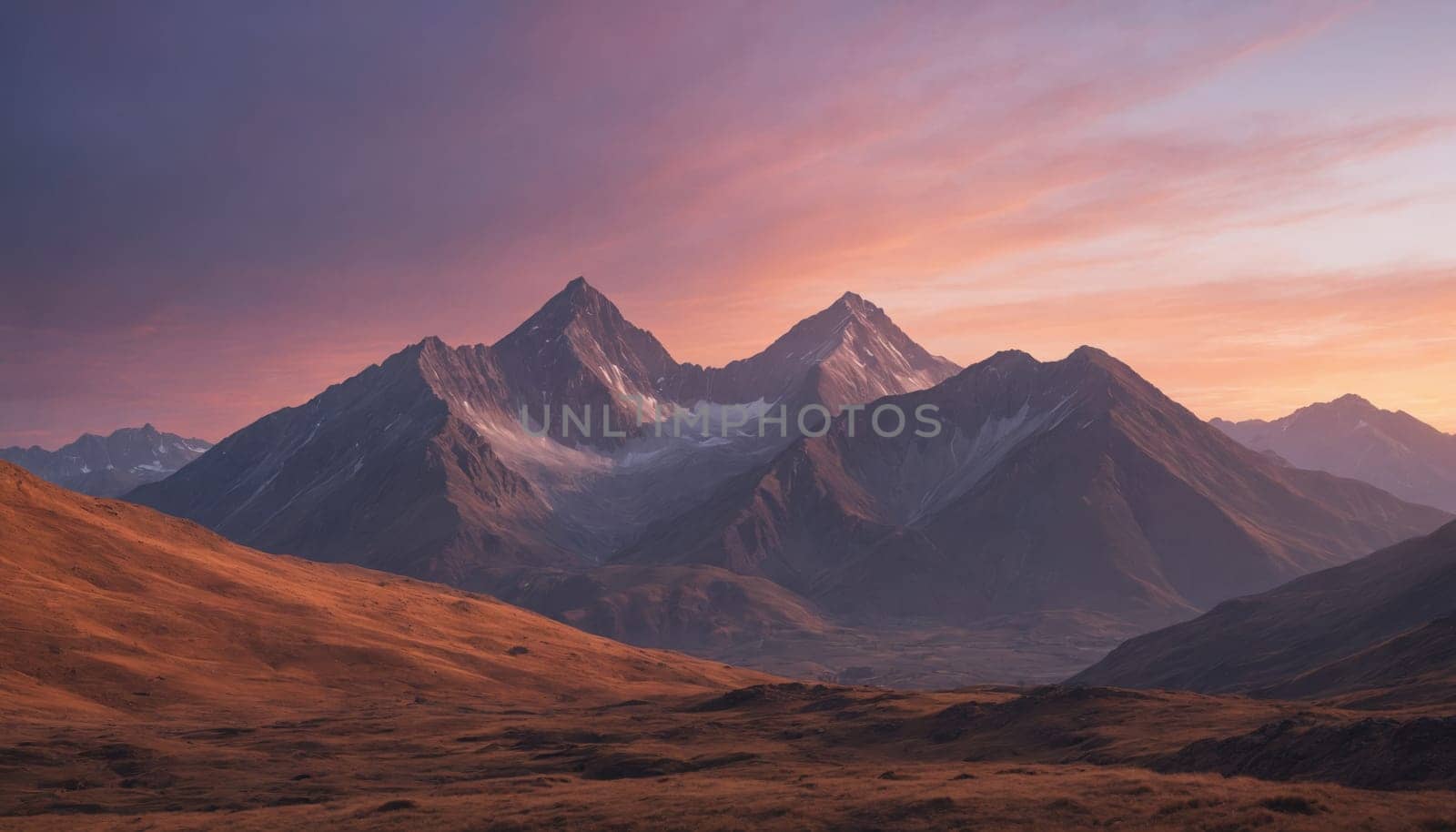 A panoramic view of a majestic mountain range, illuminated by the warm glow of the setting sun. The peaks are silhouetted against a vibrant, purple-hued sky, while the valley below is bathed in a soft, golden light.