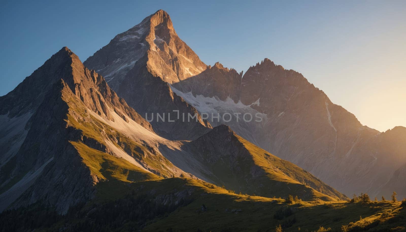 A panoramic view of a mountain range, with towering peaks and a snow-capped summit, illuminated by the warm glow of the setting sun. The rugged terrain and lush forest below create a dramatic landscape.