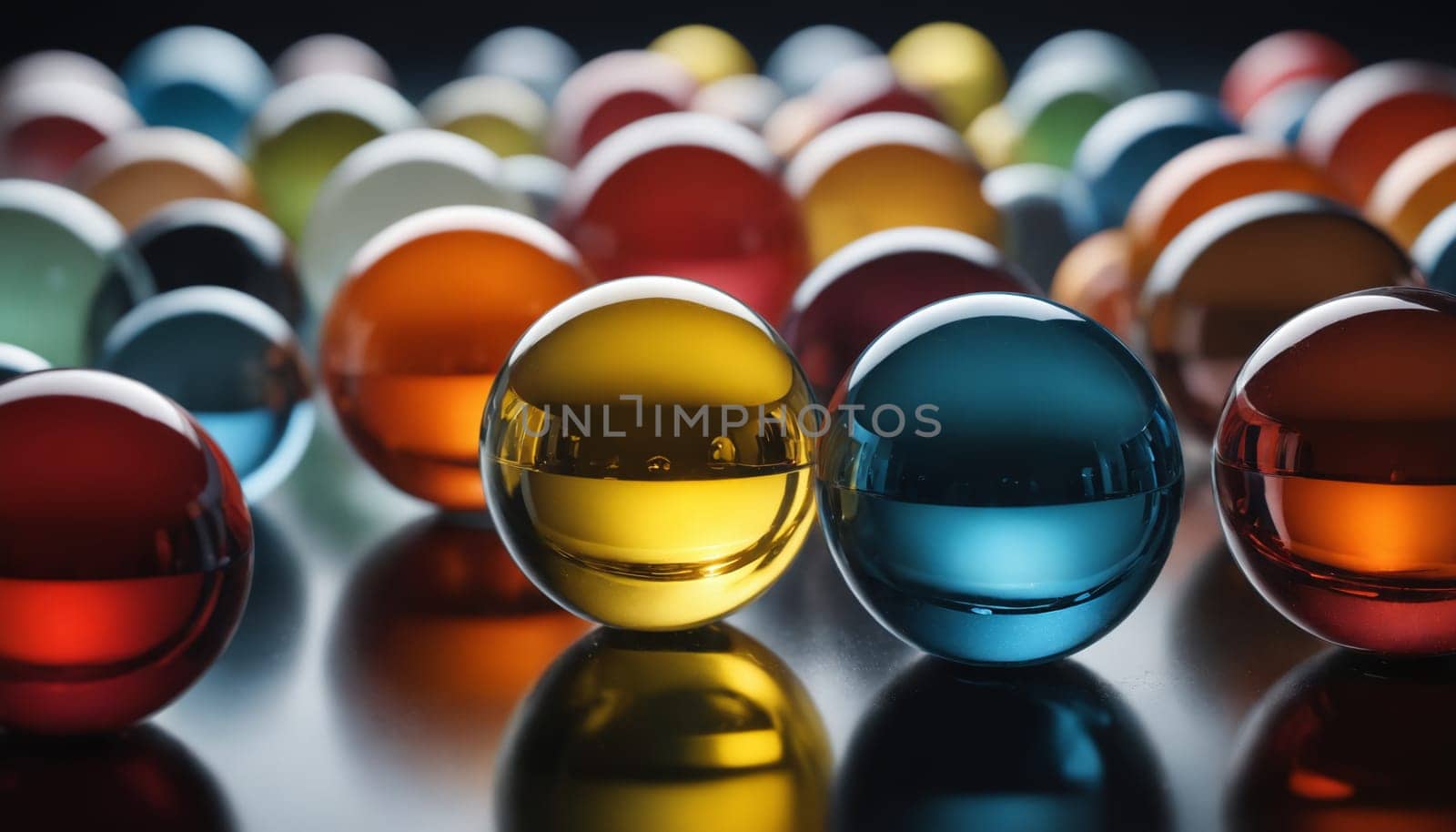 A close-up photograph of nine glass marbles of various colors arranged in a row on a gray surface. The marbles are perfectly round and reflect light beautifully, creating a mesmerizing display of color and texture.