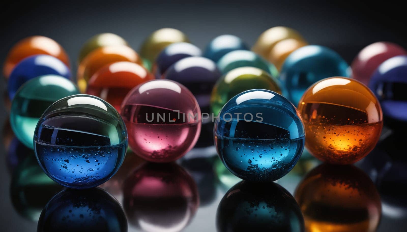 A close-up photograph of numerous glass marbles, each with its own unique color, scattered across a dark surface. The marbles reflect light, creating a sense of depth and mystery.