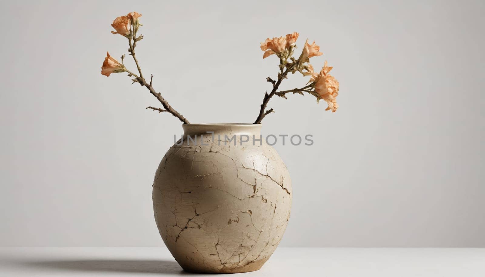 A simple yet elegant still life photograph featuring a white ceramic vase with a cracked glaze, filled with delicate orange-colored blooms. The vase is positioned on a white surface against a plain white background, creating a minimalist and timeless aesthetic.