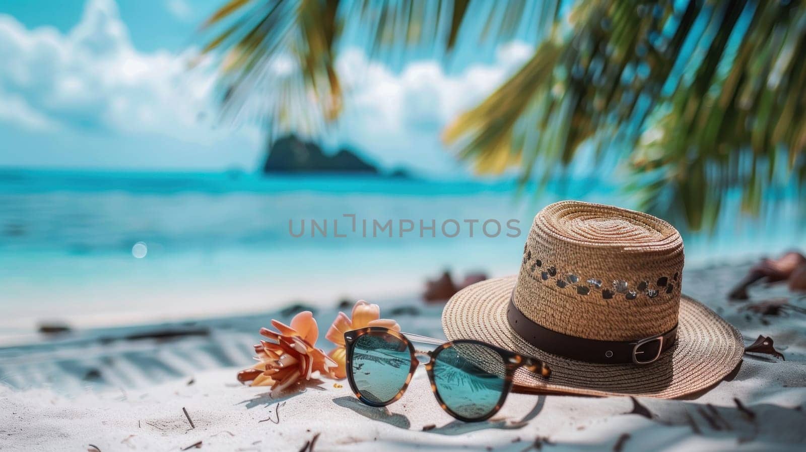 A beach scene with a straw hat, sunglasses, and a flower.