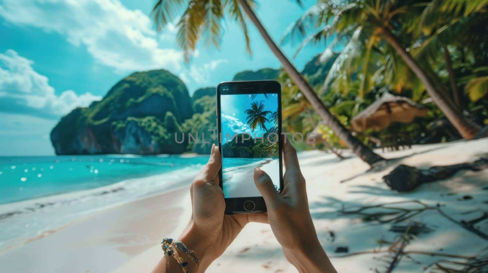 A person is holding a cell phone up to take a picture of a beach.