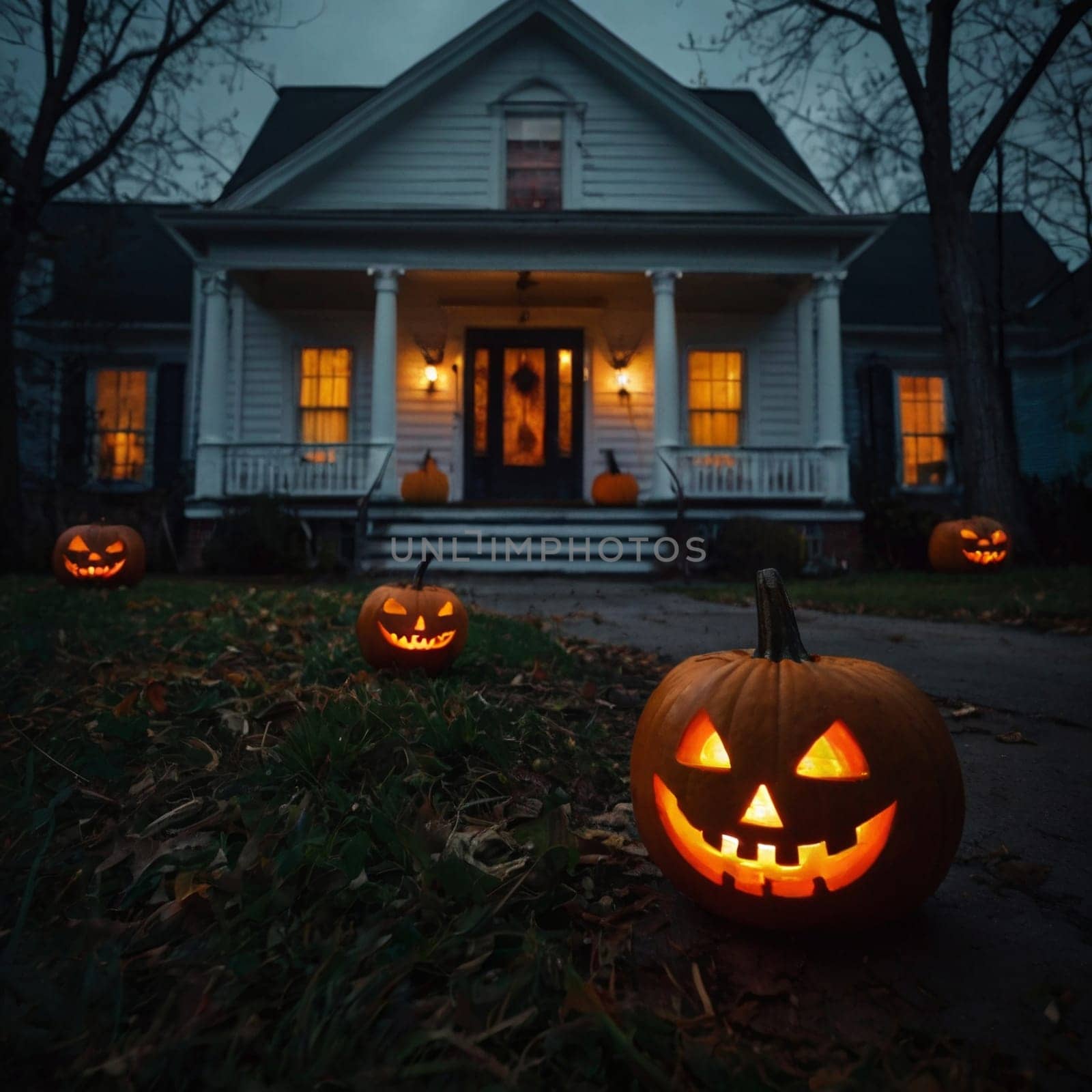 Lots of Halloween glowing pumpkins in a dark courtyard with an old house behind them. The site of the house is gloomy and autumnal.