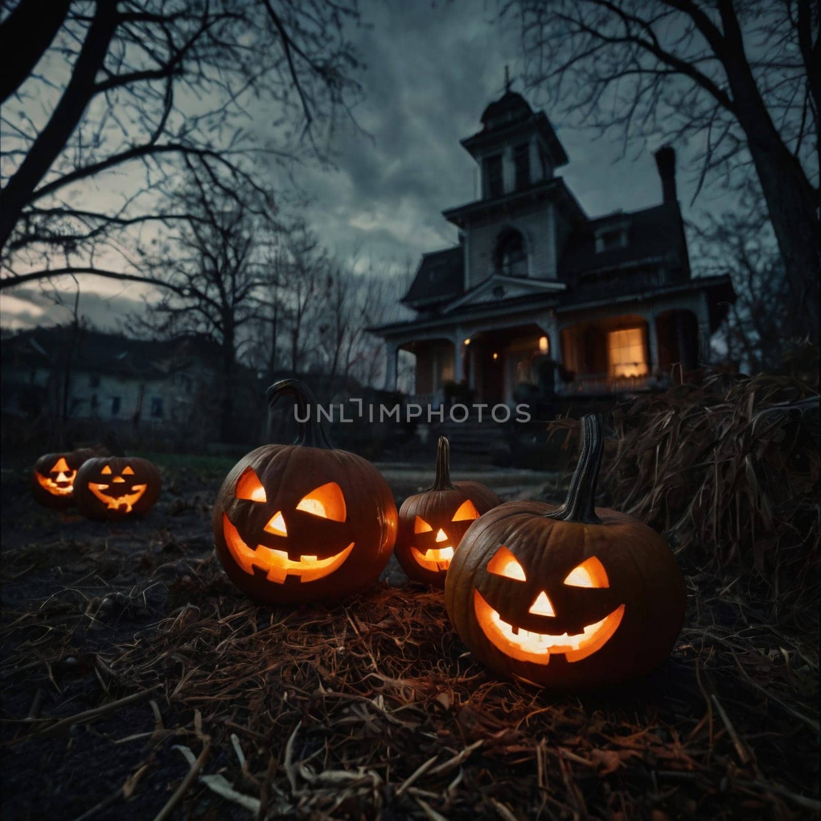 Lots of Halloween glowing pumpkins in a dark courtyard with an old house behind them. The site of the house is gloomy and autumnal.