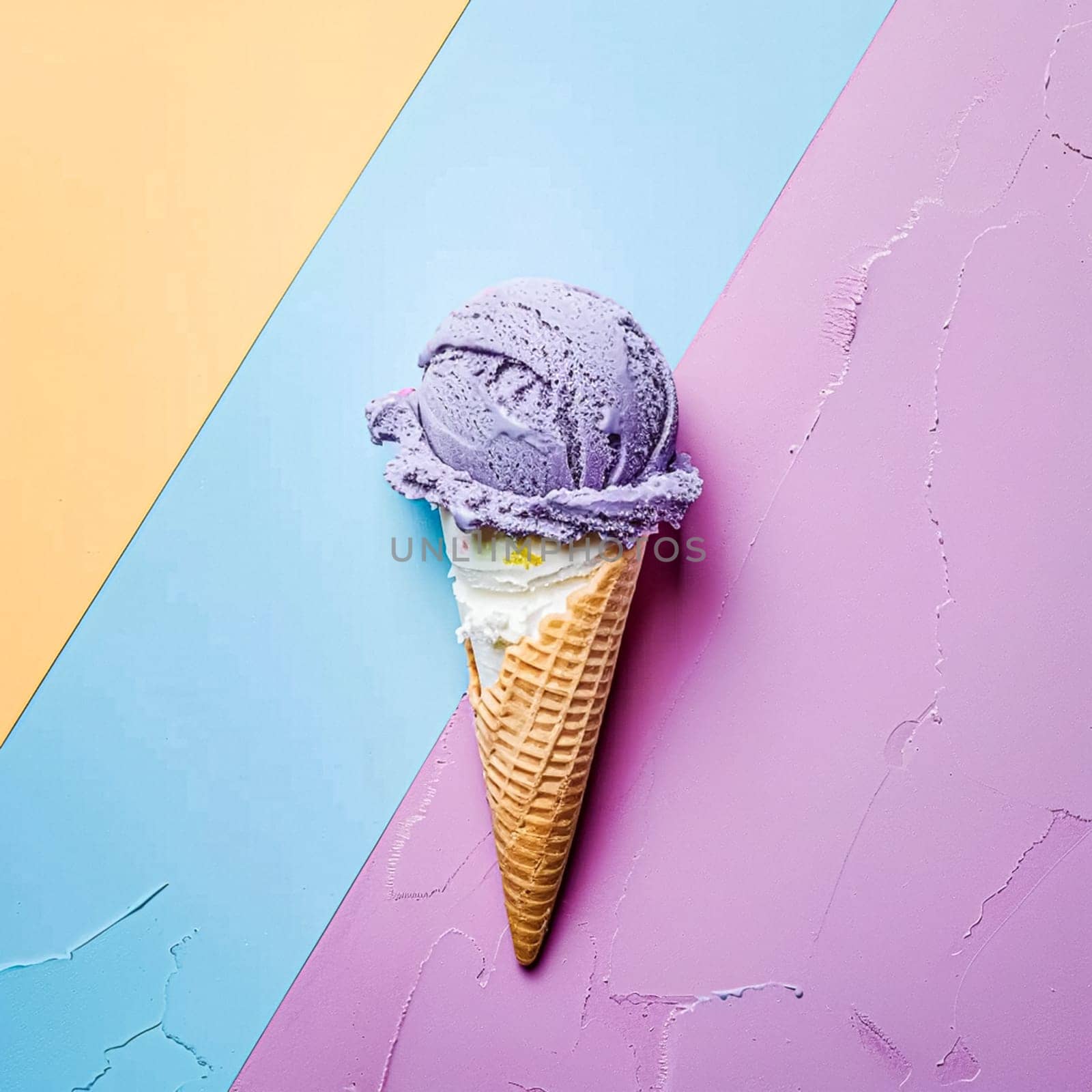 Scoops of ice cream in a waffle cone on a colorful background