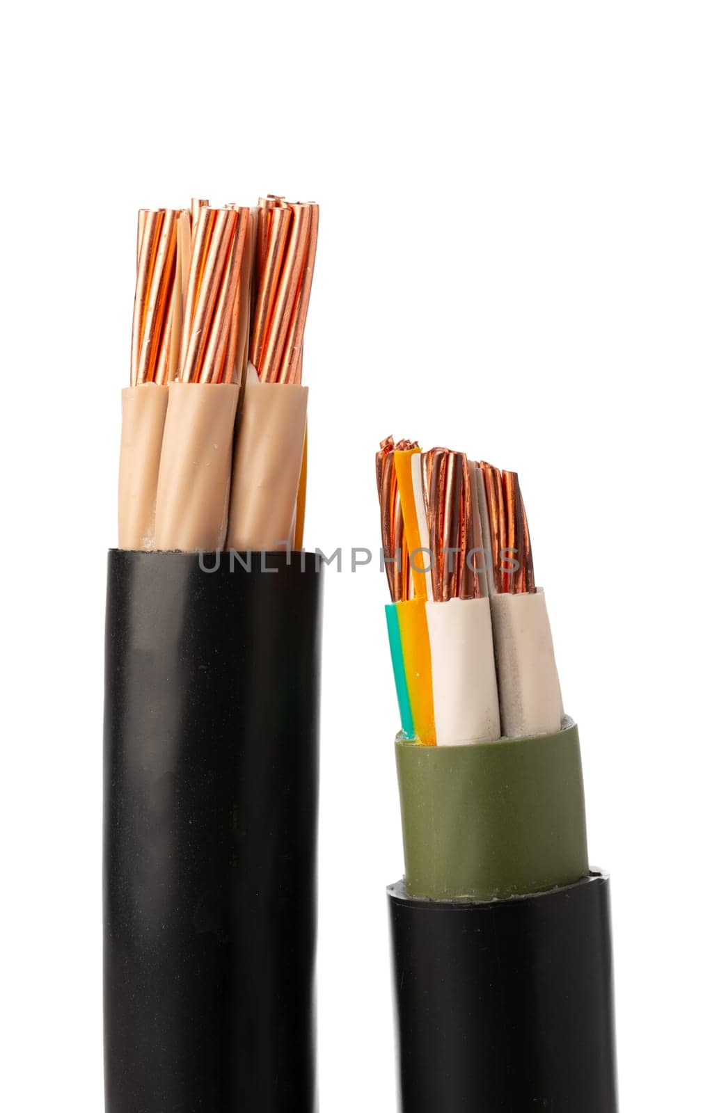 A close-up image of two black insulated electrical cables with the copper wires exposed.