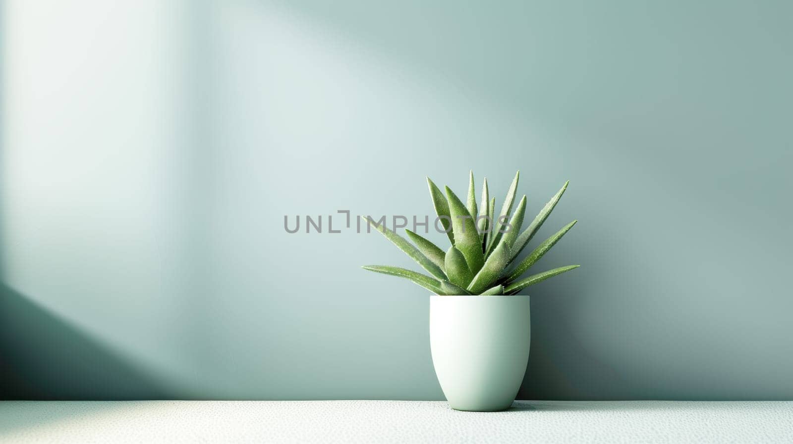 Indoor cactus plant in a pot. Side view on shelf against a white wall. Copy space.