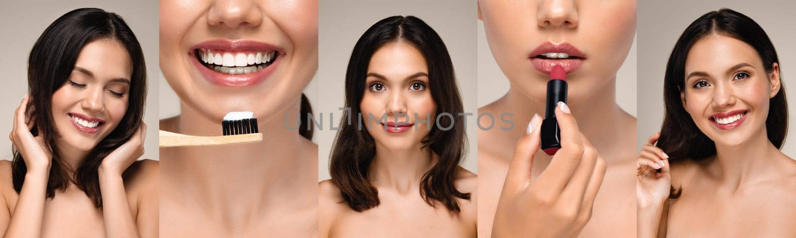 Collage of attractive brunette young lady using skincare and makeup products, showcasing her beauty routine.