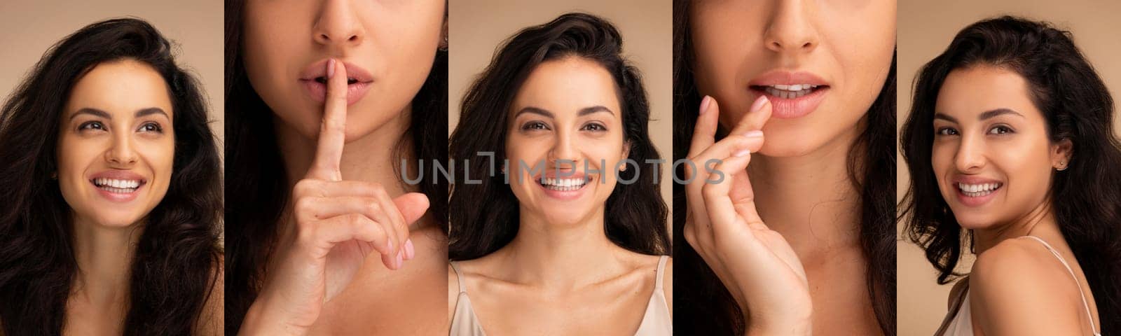 Collage of a beautiful Indian woman in various poses against a beige background, showcasing natural beauty and skincare.