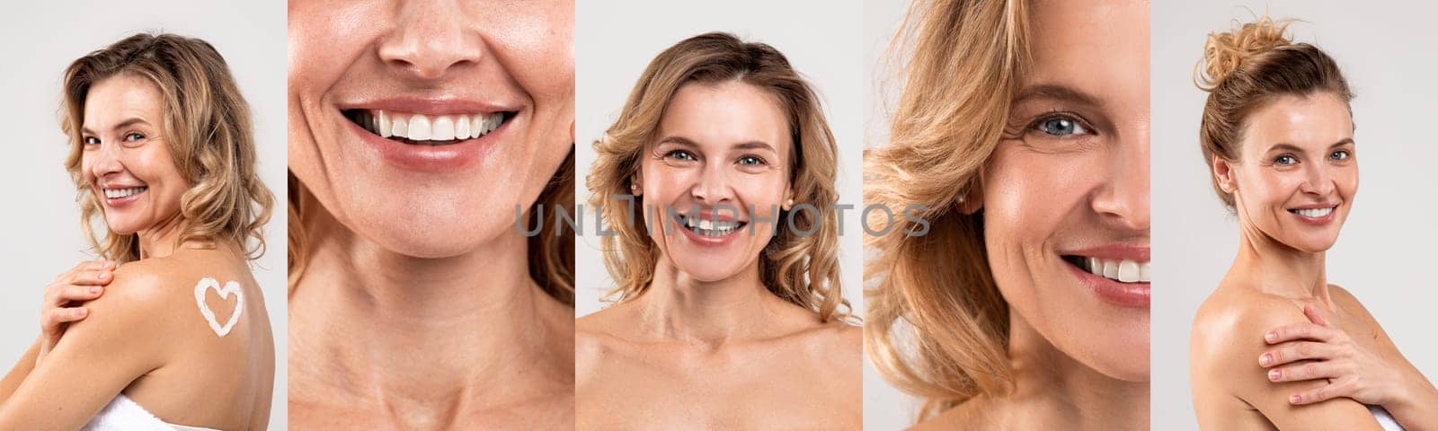 Collage of a cheerful mature blonde woman in various poses against a grey background, showcasing natural beauty and skincare.