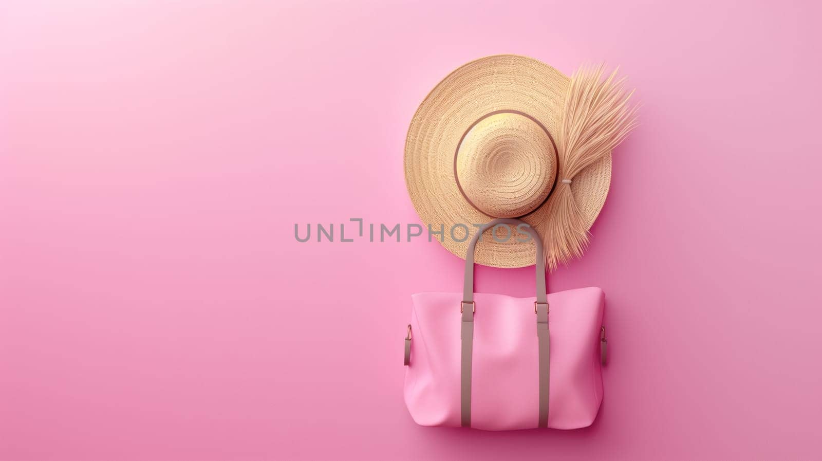 Top view of beach accessories against a pink background. Vacation and relaxation,, summer travel holiday concept. space for text.