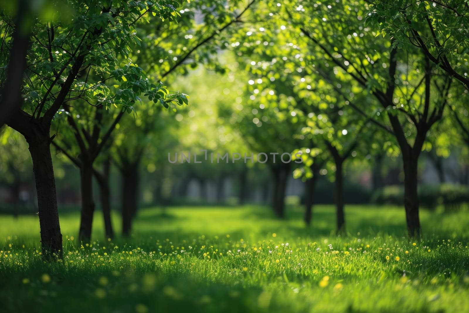 Landscape with young lush green grass with blooming dandelions on the background ..