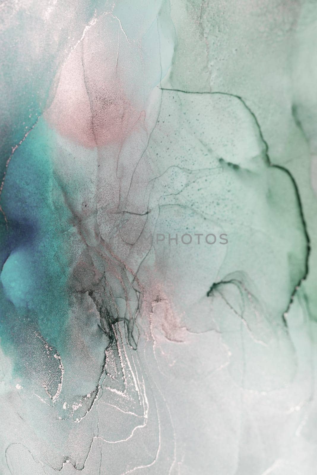 An abstract painting featuring swirling patterns in shades of teal, grey, and pink. The ink creates a dynamic and ethereal visual.