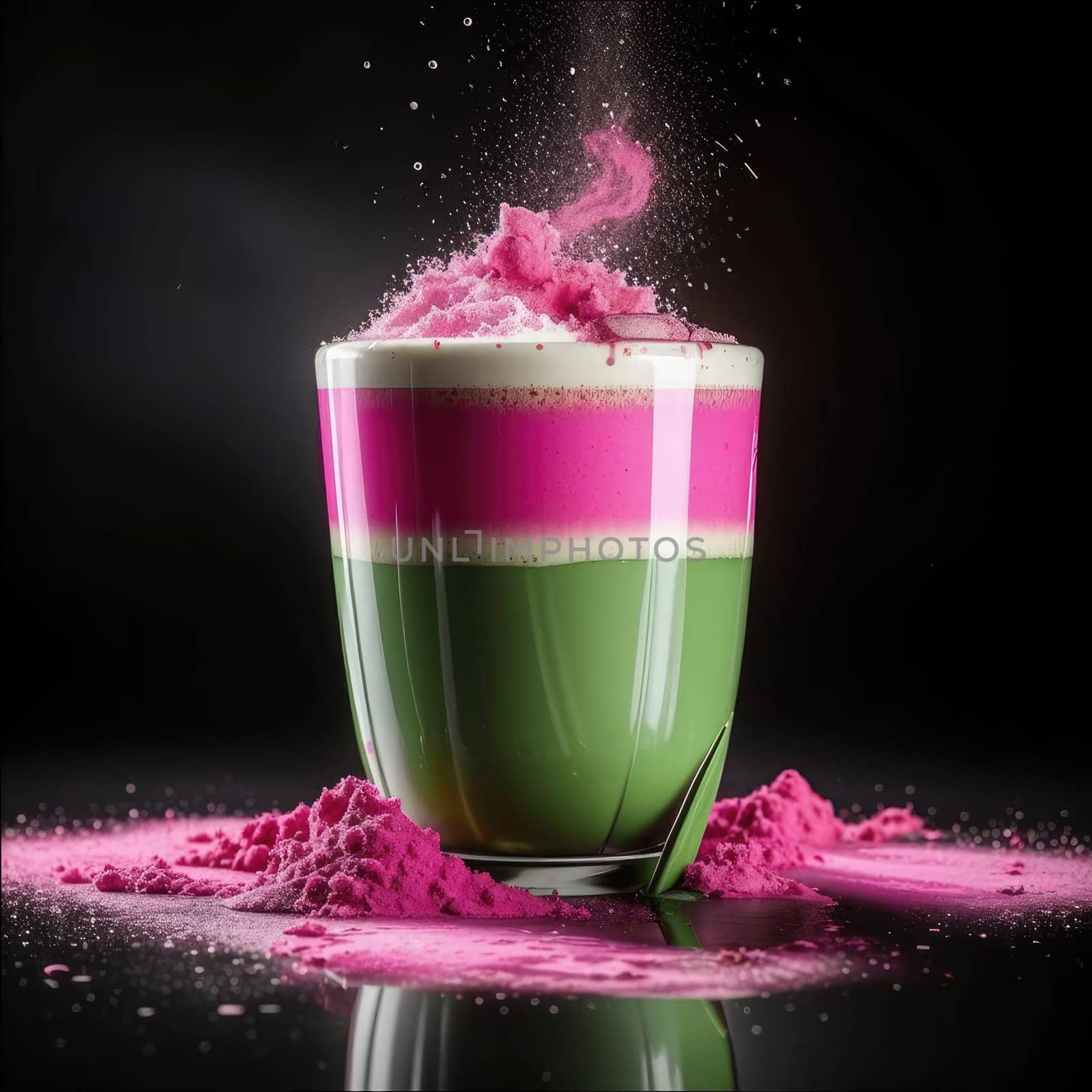 Photo of pink matcha from bright dragon fruit powder. It is rich in vitamins and minerals. Sweet taste reminiscent of a mixture of strawberries and kiwi.