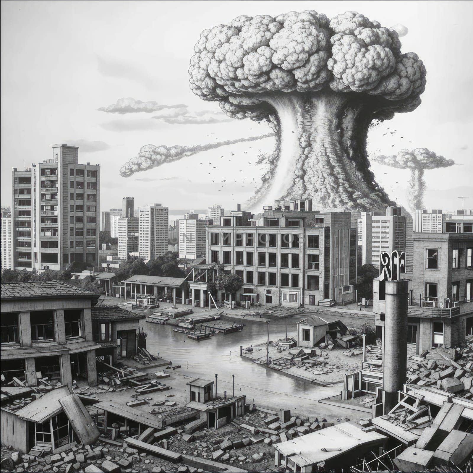 A photograph of a nuclear explosion against the backdrop of destroyed buildings and vacant lots and people. Military combat operations. Nuclear mushroom. Weapons of mass destruction.