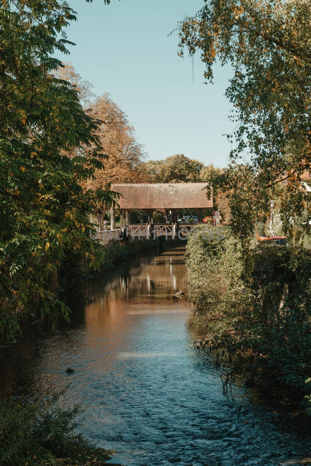 A wooden bridge in the park with and autumn colors of Bietigheim-Bissingen, Germany. Europe. Autumn landscape in nature. Autumn colors in the forest. autumn view with wooden bridge over stream in the park in autumn season. by Andrii_Ko