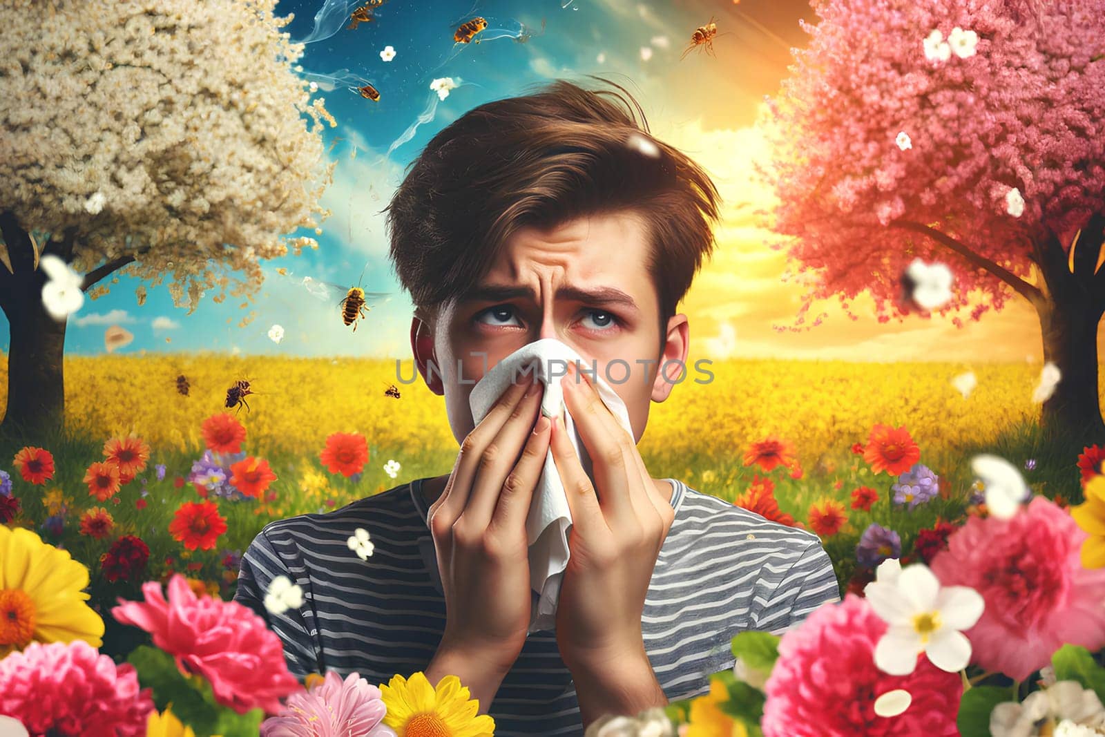 young man with runny nose and watery eyes, seasonal pollen allergy.