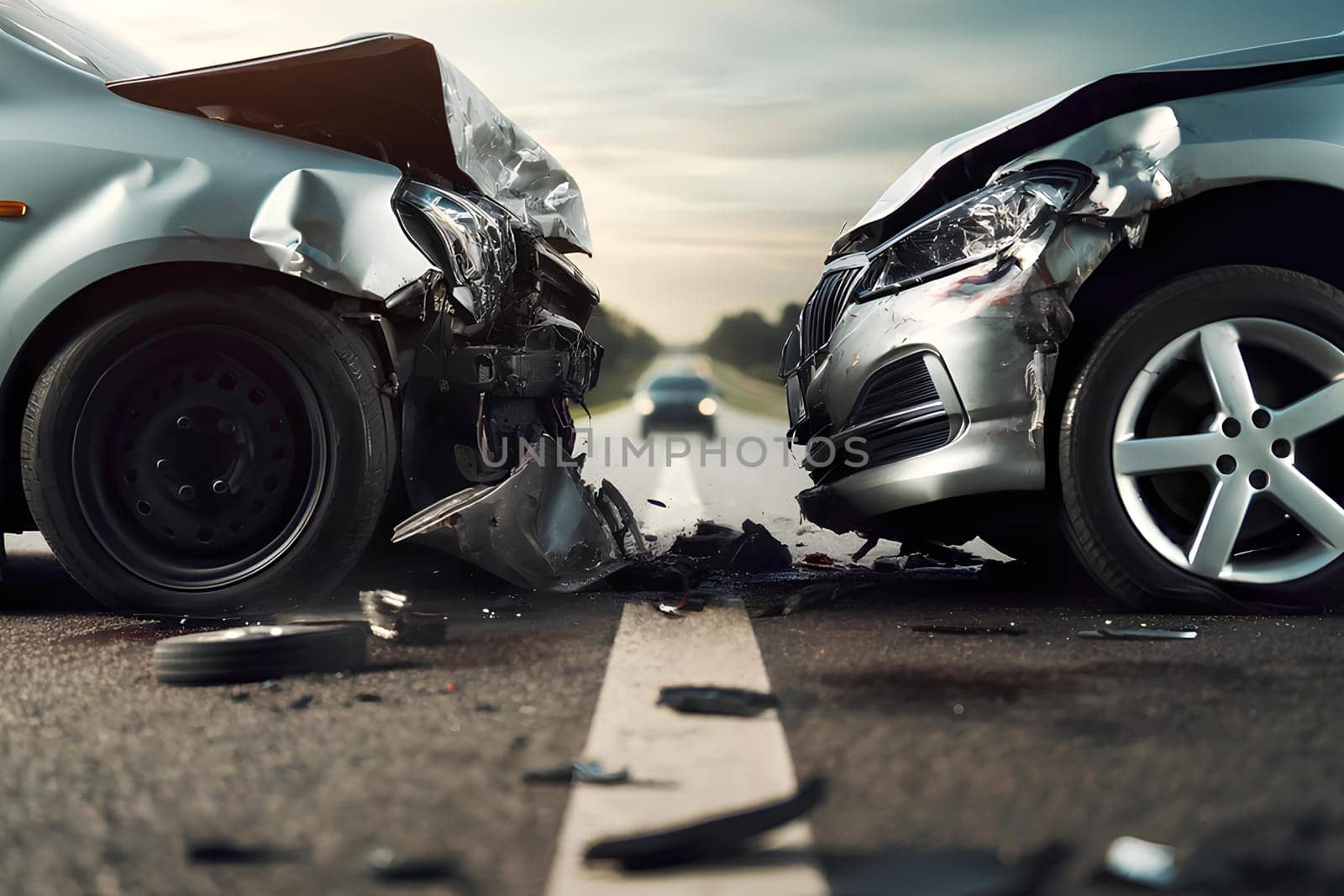a car accident involving two vehicles on a road.