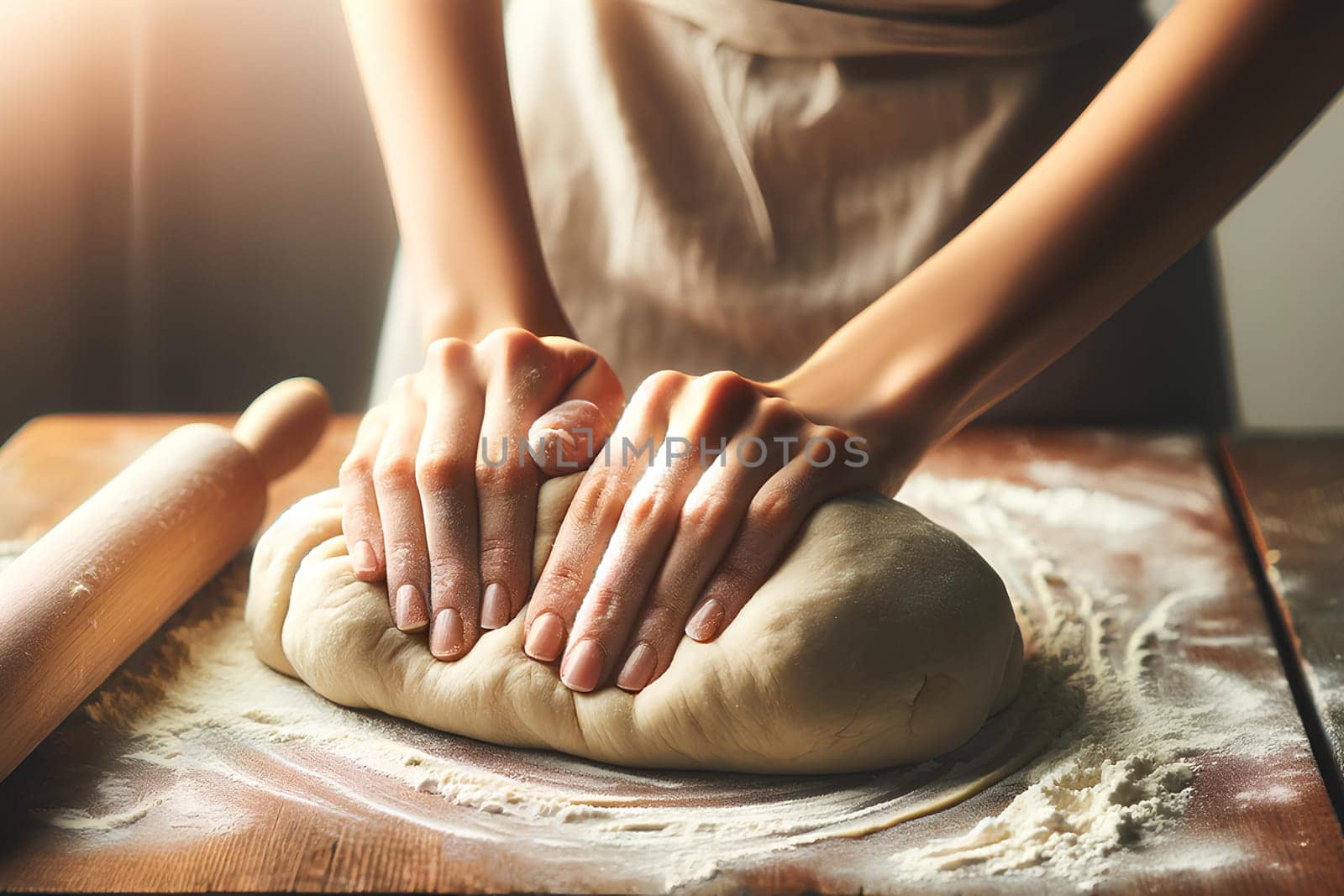 a woman's hands kneading dough on a wooden surface.
