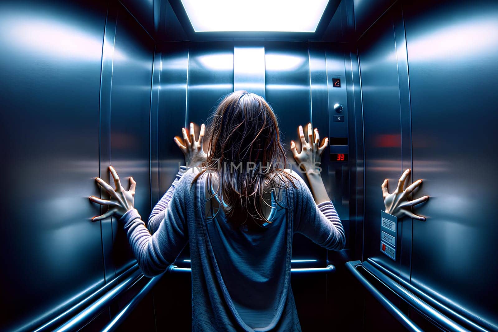 frightened young woman suffering from claustrophobia in an elevator, a large number of hands symbolizing panic and fear.