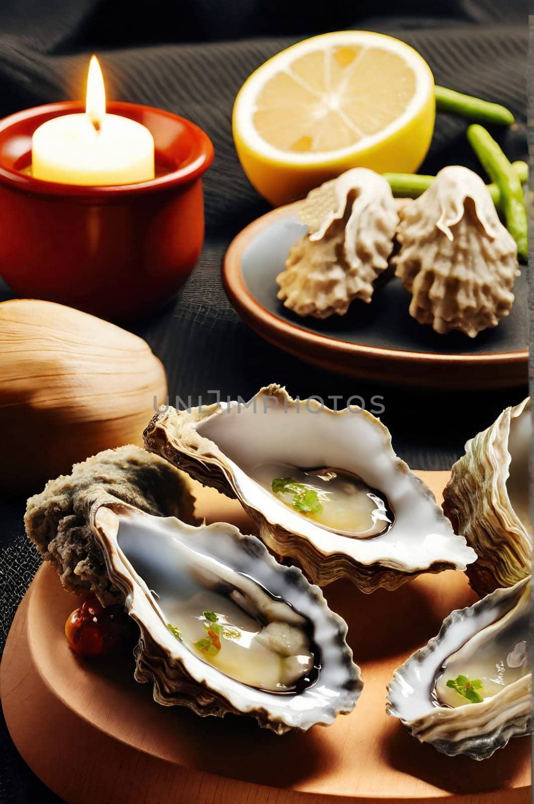 Vertical photo for National oyster day promotions.Wallpaper.Fresh oysters with lemon on a table with ingredients.