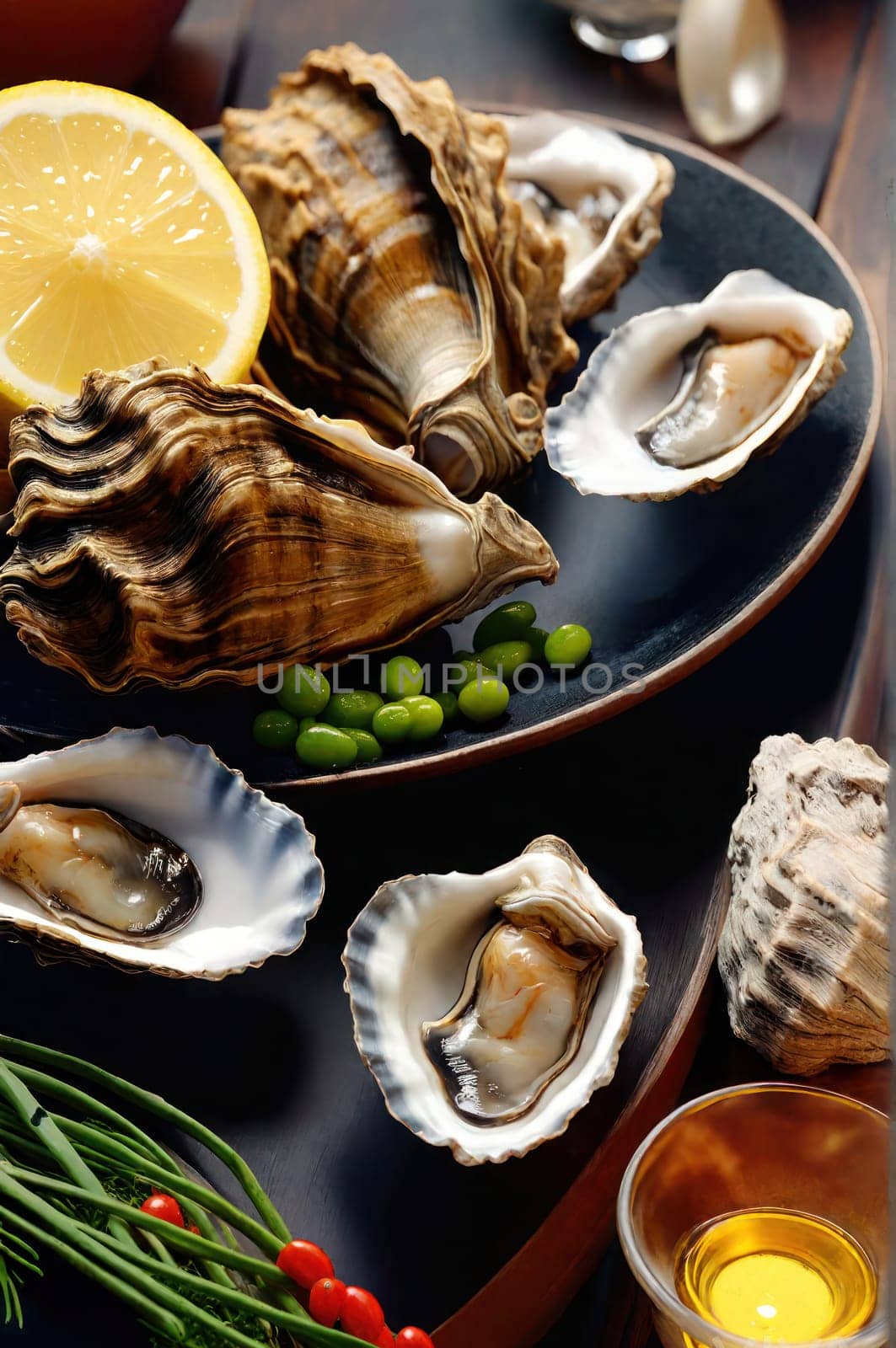 Fresh oysters with lemon on a table with ingredients. by VeroDibe