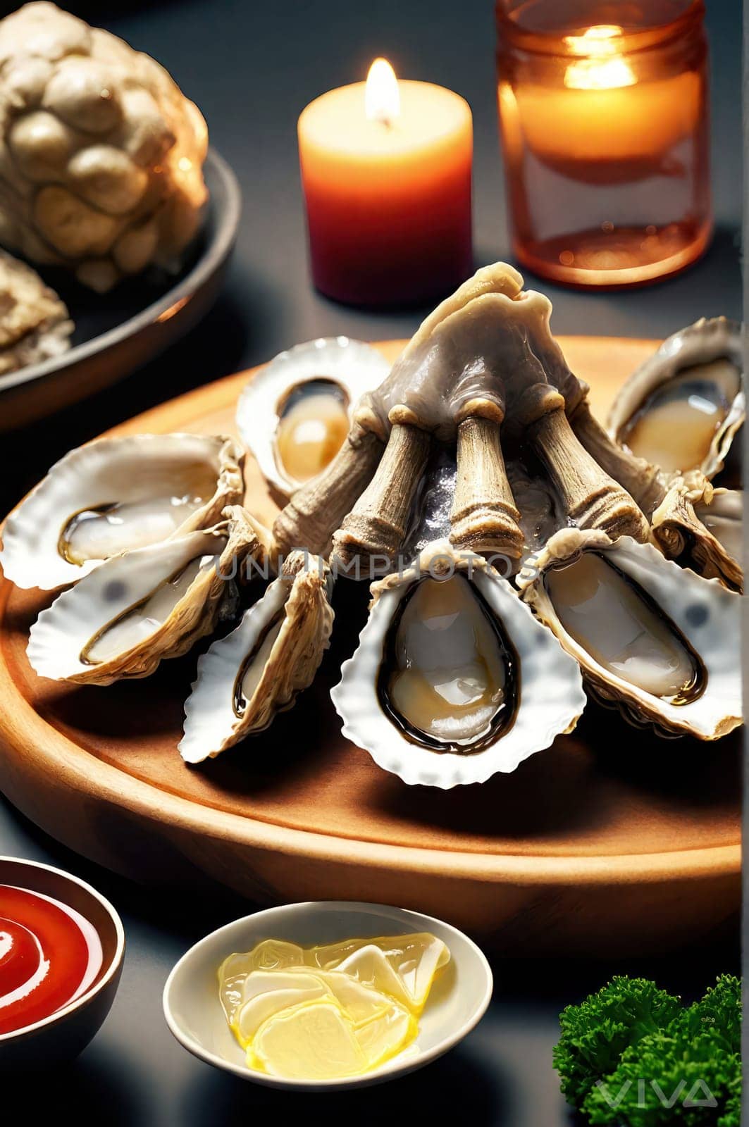 A table with fresh oysters ready for a candlelight dinner. by VeroDibe