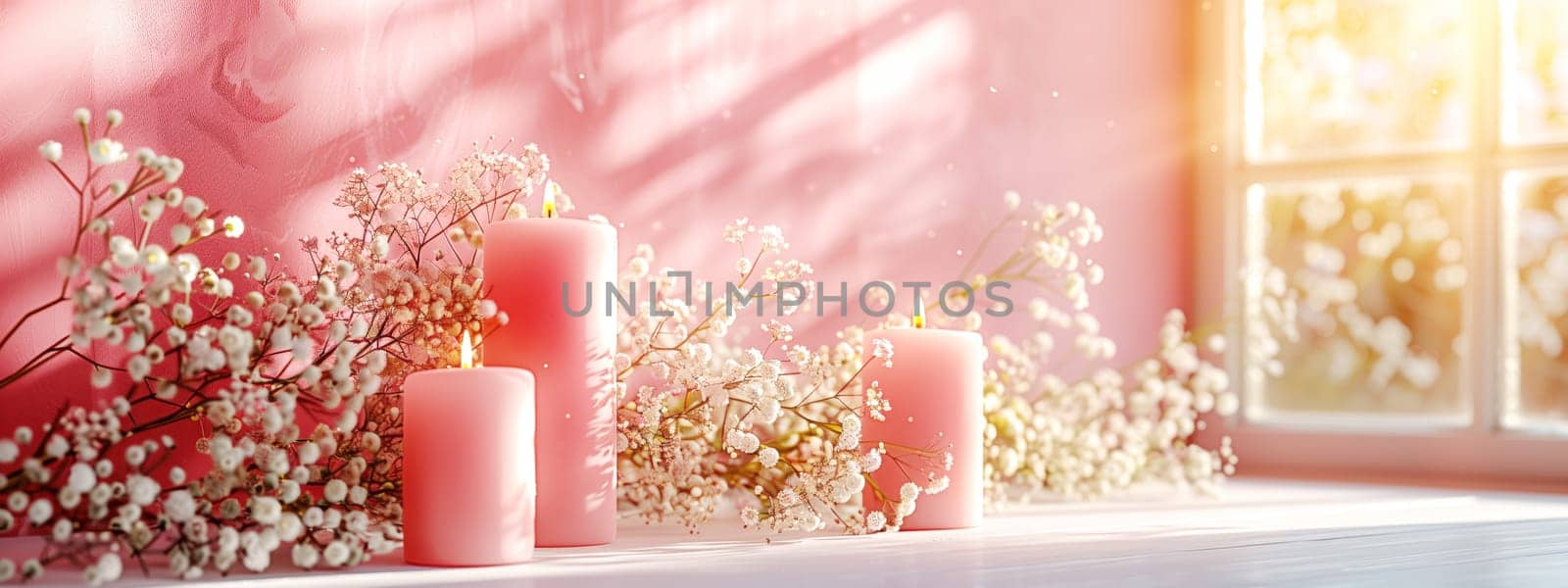 Pink candles and glass vase with white flowers standing on table, sunlight on pastel pink wall. Mock up, space for copy.